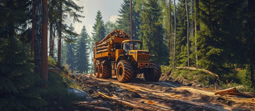 Crane forwarder machine during clearing of forested land Wheeled harvester transports raw timber from felling site out Harvesters Forest Logging machines Forestry forwarder on deforestation