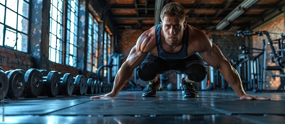 Wall mural Handsome man with dumbbells in functional training fitness gym. Creative Banner. Copyspace image