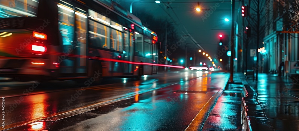 Aufkleber bus passing by in the street at night slow shutter speed motion. creative banner. copyspace image