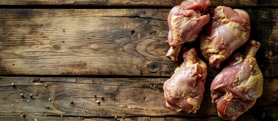 grilled chicken fillets on wooden cutting board top view. Creative Banner. Copyspace image - obrazy, fototapety, plakaty