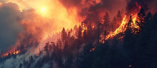 Aerial view forest fire on the slopes of hills and mountains Large flames from forest fire Summer forest fires Smoke of a forest fire obscures the sun Natural disasters. Creative Banner - obrazy, fototapety, plakaty