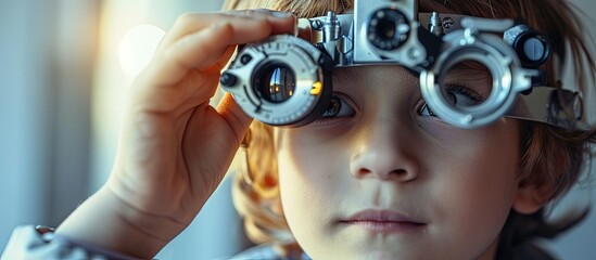 Child looks into phoropter during an eye examination of pediatric ophthalmologist Phoropter for measuring refractive error and determining information for prescription for eyeglasses. Creative Banner - obrazy, fototapety, plakaty