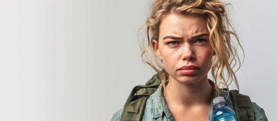 Beautiful young blonde woman holding gym bag and water bottle skeptic and nervous frowning upset because of problem negative person. Creative Banner. Copyspace image - obrazy, fototapety, plakaty