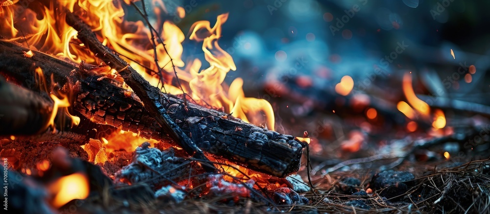 Canvas Prints A bonfire at night with a burning stick in it. Creative Banner. Copyspace image