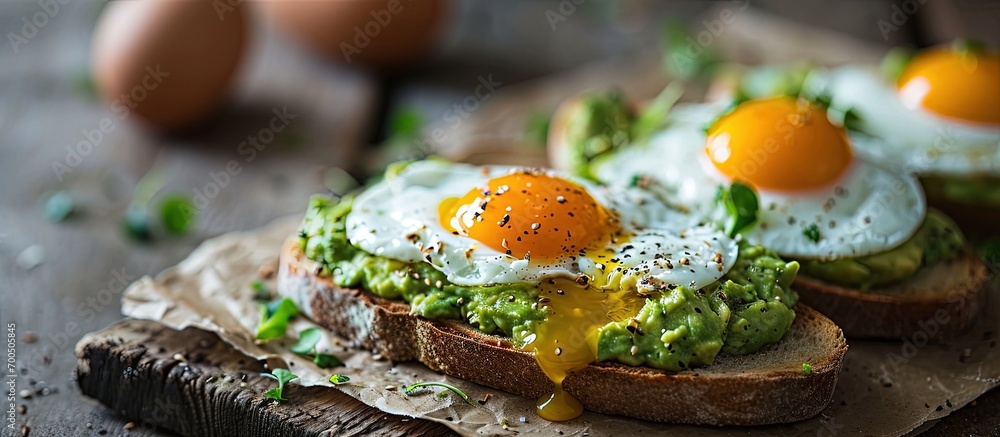 Poster eggs on toast with avocado served for breakfast. creative banner. copyspace image
