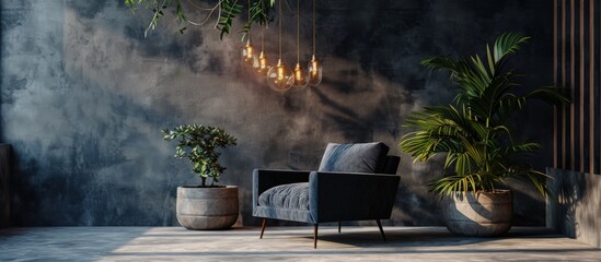 Concrete planters industrial chandeliers and a dark modern armchair in a minimalist living room interior. Creative Banner. Copyspace image