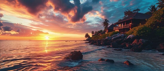 Amazing sunset landscape Picturesque summer sunset in Maldives Luxury resort villas seascape with soft led lights under colorful sky Dream sunset over tropical sea fantastic nature scenery