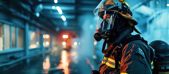 Full length of brave fireman standing in fire station in full protective uniform and preparing for action. Creative Banner. Copyspace image - obrazy, fototapety, plakaty