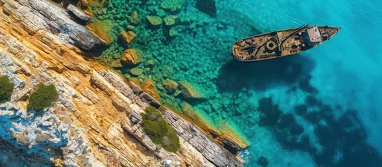 Foto op Canvas Aerial drone photo of famous shipwreck of Nordland half sunk ship in islet of Prasonisi near Diakofti main port of Kithira island Ionian Greece. Creative Banner. Copyspace image © HN Works
