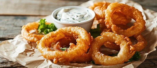 A order of beer battered onion rings with white tartar dipping sauce at a patio table. Creative Banner. Copyspace image