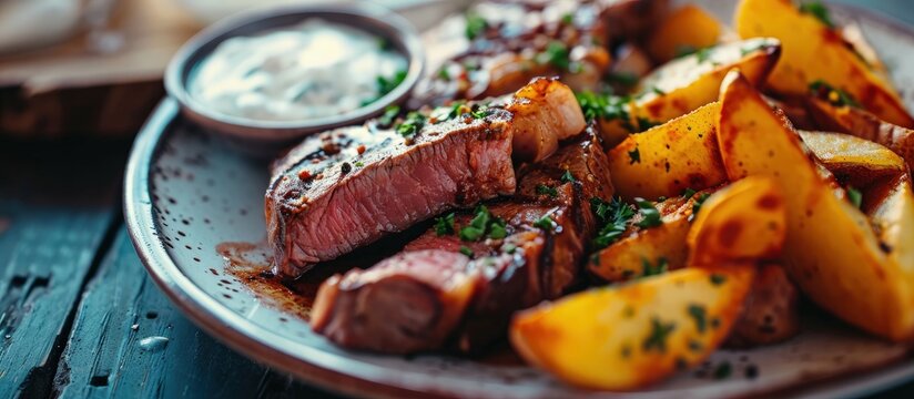 Beef steak with baked spicy potato wedges and tartar sauce small single portion on a bright plate. Creative Banner. Copyspace image