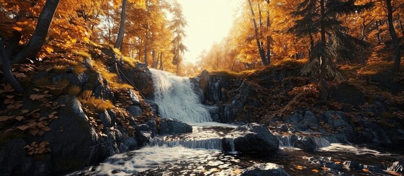 Brook waterfall in the autumn forest Autumn forest waterfall Forest waterfall in autumn Waterfall in autumn forest. Creative Banner. Copyspace image
