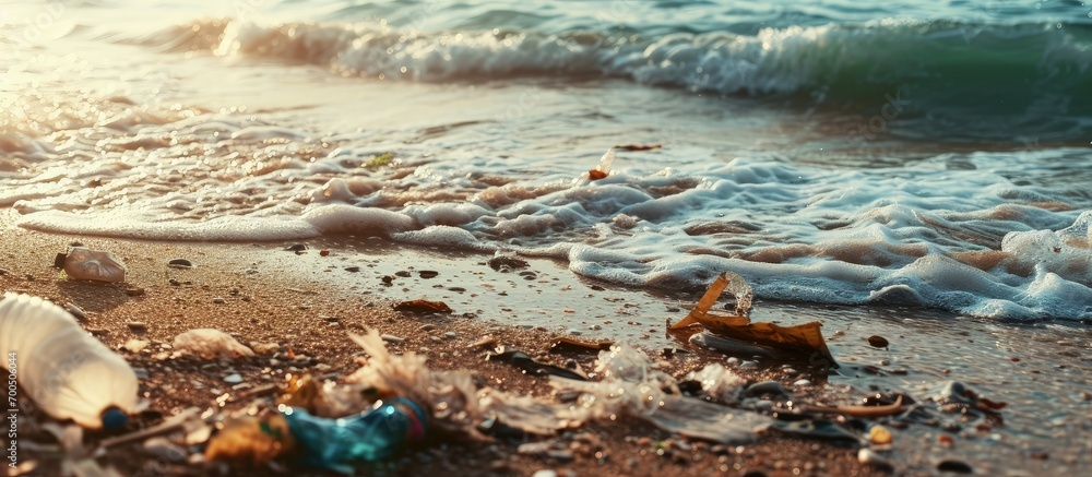 Aufkleber beach pollution plastic bottles and other trash on sea beach ecological concept earth day concept gl