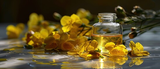A glass bottle with capsules of evening primrose oil spilled on a table with blooming Oenothera biennis plant in the background. Creative Banner. Copyspace image