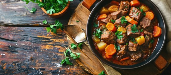 Delicious beef bourguignon stew with wine carrots and onion garnished with parsley. Creative Banner. Copyspace image
