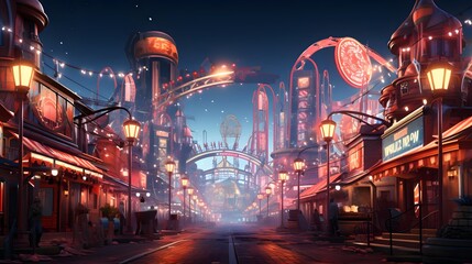 Night view of amusement park in the city. 3D rendering.