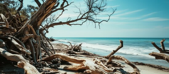 Large bare trees and driftwood on the beach. Creative Banner. Copyspace image