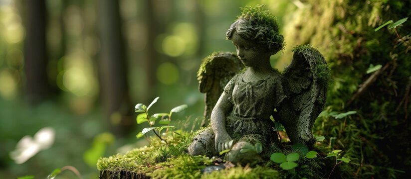 Clay figurines displayed in natural forest setting an angel covered with moss. Creative Banner. Copyspace image