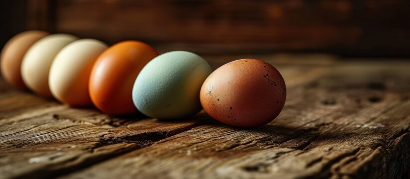 Brown white and pastel coloured free range chicken eggs. Creative Banner. Copyspace image