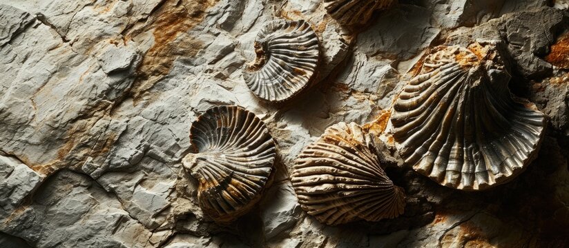 Fossils of brachiopods marine invertebrates from Devonian period embedded in sedimentary rock at Fossil and Prairie Park Preserve Rockford Iowa. Creative Banner. Copyspace image