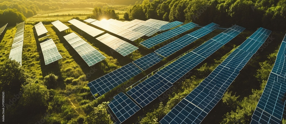 Poster Aerial Shot of Photovoltaic Solar Farm in Rural Area. Creative Banner. Copyspace image