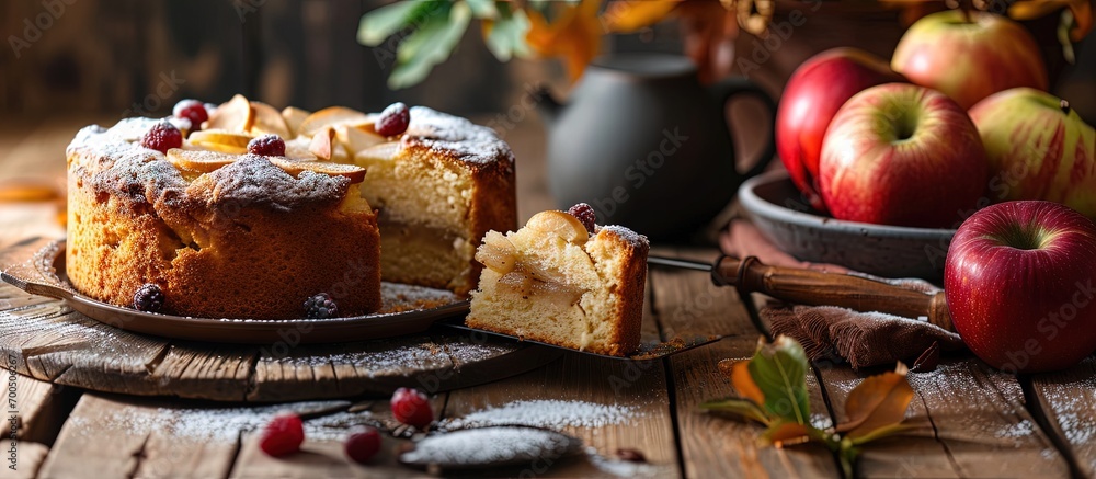Poster clasic sponge cake with apples on wood table selective focus homemade cake. creative banner. copyspa