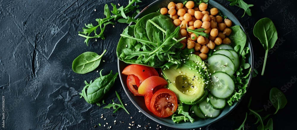 Poster avocado tomato chickpeas spinach and cucumber salad top view. creative banner. copyspace image