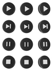 Set of black media player buttons, PNG, transparent background, 3d render media player buttons