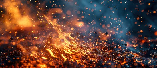 Blurred fire embers over black background Fire sparks background Abstract dark glitter fire particles lights bonfire in motion blur. Creative Banner. Copyspace image