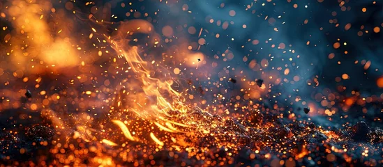 Papier Peint photo Feu Blurred fire embers over black background Fire sparks background Abstract dark glitter fire particles lights bonfire in motion blur. Creative Banner. Copyspace image
