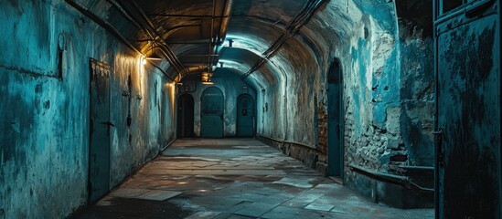 Dark corridor of old underground Soviet military bunker under artillery fortification. Creative Banner. Copyspace image - obrazy, fototapety, plakaty