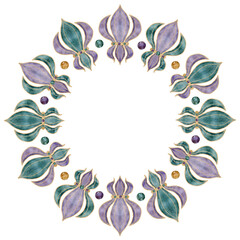 Hand drawn watercolor Mardi Gras carnival symbols. Fleur de lis lily French flower, glass beads baubles confetti. Wreath frame isolated on white background. Design for party invitation, print, shop © Elena