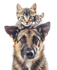 Friendship of pet mouse, cat and dog. Concept of national pet day.