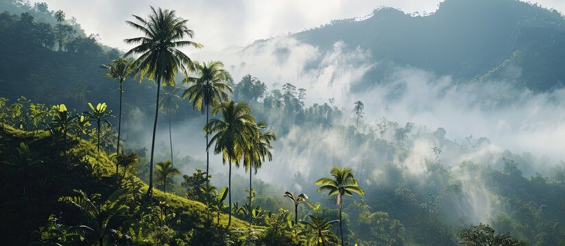 Fantastic screen of fog over mountain behind palm tree agriculture area. Creative Banner. Copyspace image