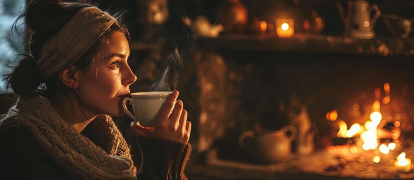 Beautiful woman drinking tea near fireplace at home. Creative Banner. Copyspace image