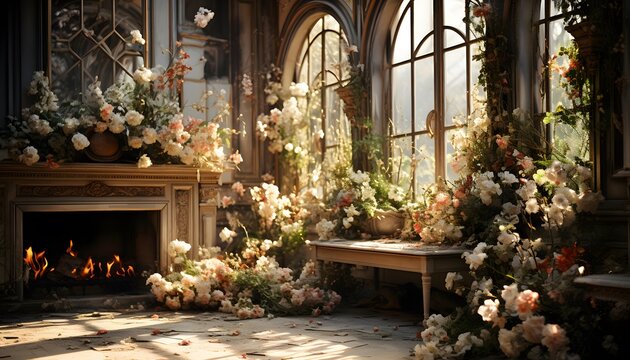 Flowers in the garden with a fireplace and a wooden bench.