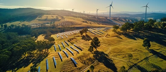 Aerial drone view of the hybrid Gullen Solar Farm and Gullen Range Wind Farm for renewable clean energy supply located at Bannister in the Upper Lachlan Shire NSW Australia. Creative Banner - obrazy, fototapety, plakaty