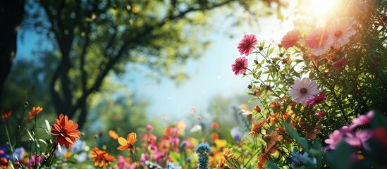 How beautifully the golden and yellow and purple flowers are blooming the leaves of the trees are green the green nature around is the open sky and the shining sun. Creative Banner. Copyspace image