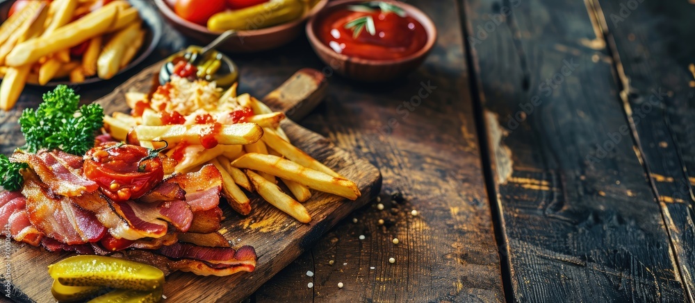 Poster hamburgers with fried bacon and sliced pickles on a cutting board with french fries and tomato sauce