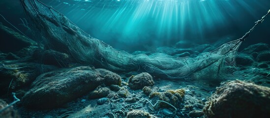 A fishing net underwater fixed on the seabed deep water. Creative Banner. Copyspace image