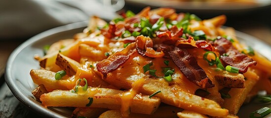 Crispy French fries loaded with bacon cheese sauce and spring onion. Creative Banner. Copyspace image - obrazy, fototapety, plakaty
