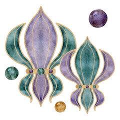 Hand drawn watercolor Mardi Gras carnival symbols. Fleur de lis French lily iris flower glass beads confetti baubles. Composition isolated on white background. Design for party invitation, print, shop © Elena