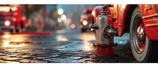 a silver colored fire hydrant with red valves and other fire equipment lies in fire car red...
