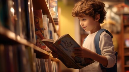 young boy standing in a library with a book in hands
