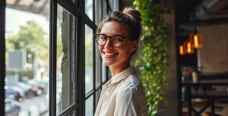 Confident Business Professional: Smiling in glasses standing in Modern Office near the window