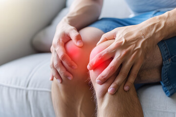 Knee joints pain in Caucasian man. Concept of osteoarthritis, rheumatoid arthritis or ligament injury