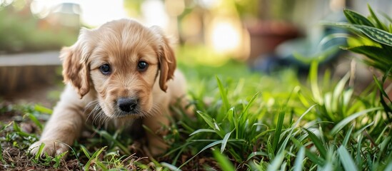 Golden retriever puppy getting ready to poop on green grass in the backyard. Creative Banner. Copyspace image - obrazy, fototapety, plakaty