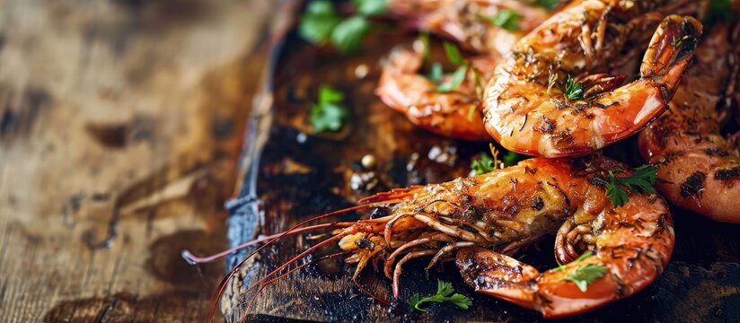fried black tiger prawns with herbs and spices. Creative Banner. Copyspace image