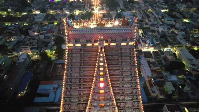 A Night Aerial shot of Sri Ranganatha Swamy Temple, Srirangam Temple in Tamil Nadu, India