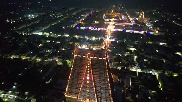 A Night Aerial shot of Sri Ranganatha Swamy Temple, Srirangam Temple in Tamil Nadu, India